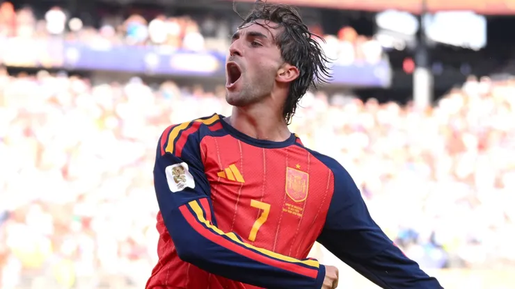 Ferran Torres #7 of Spain celebrates scoring against Argentina in the 2026 World Cup final.