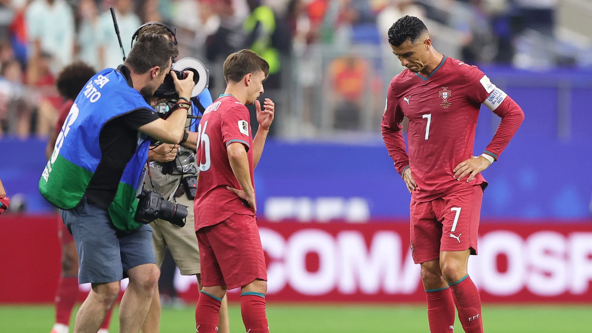 Cristiano Ronaldo #7 of Portugal shows dejection after the 0-1 defeat against Spain.