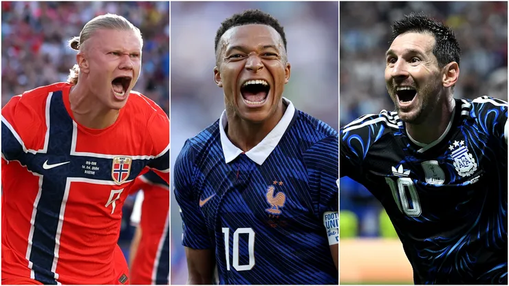 Erling Haaland #9 of Norway, Kylian Mbappe #10 of France, and Lionel Messi #10 of Argentina.