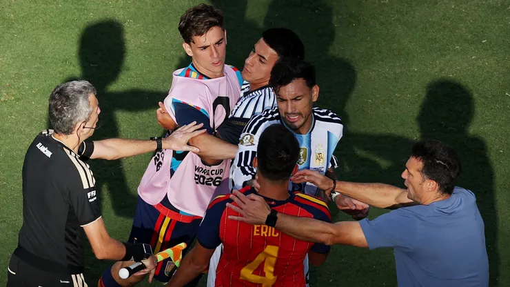 Leandro Paredes #5 of Argentina and Eric Garcia #4 of Spain have words after the World Cup 2026 Final.