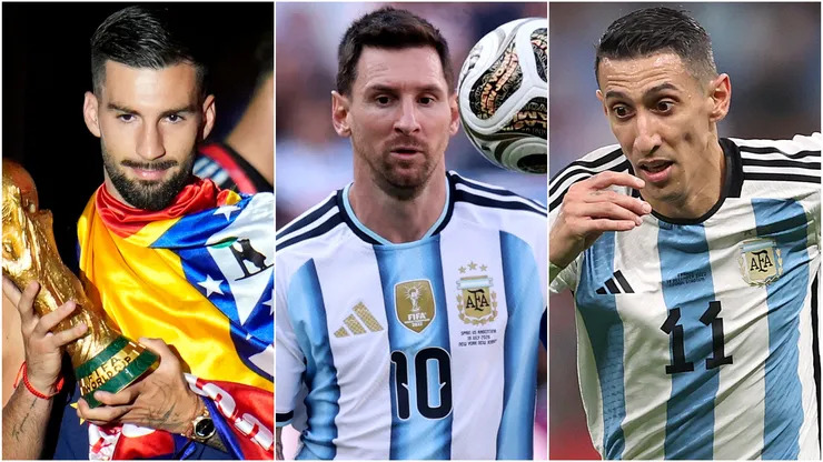 Alex Baena of Spain, Lionel Messi and Angel Di Maria of Argentina.