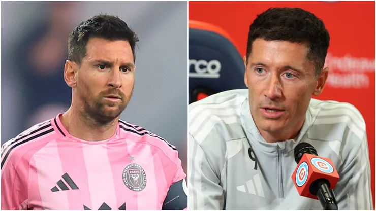 Lionel Messi #10 of Inter Miami and Robert Lewandowski #9 of Chicago Fire FC.
