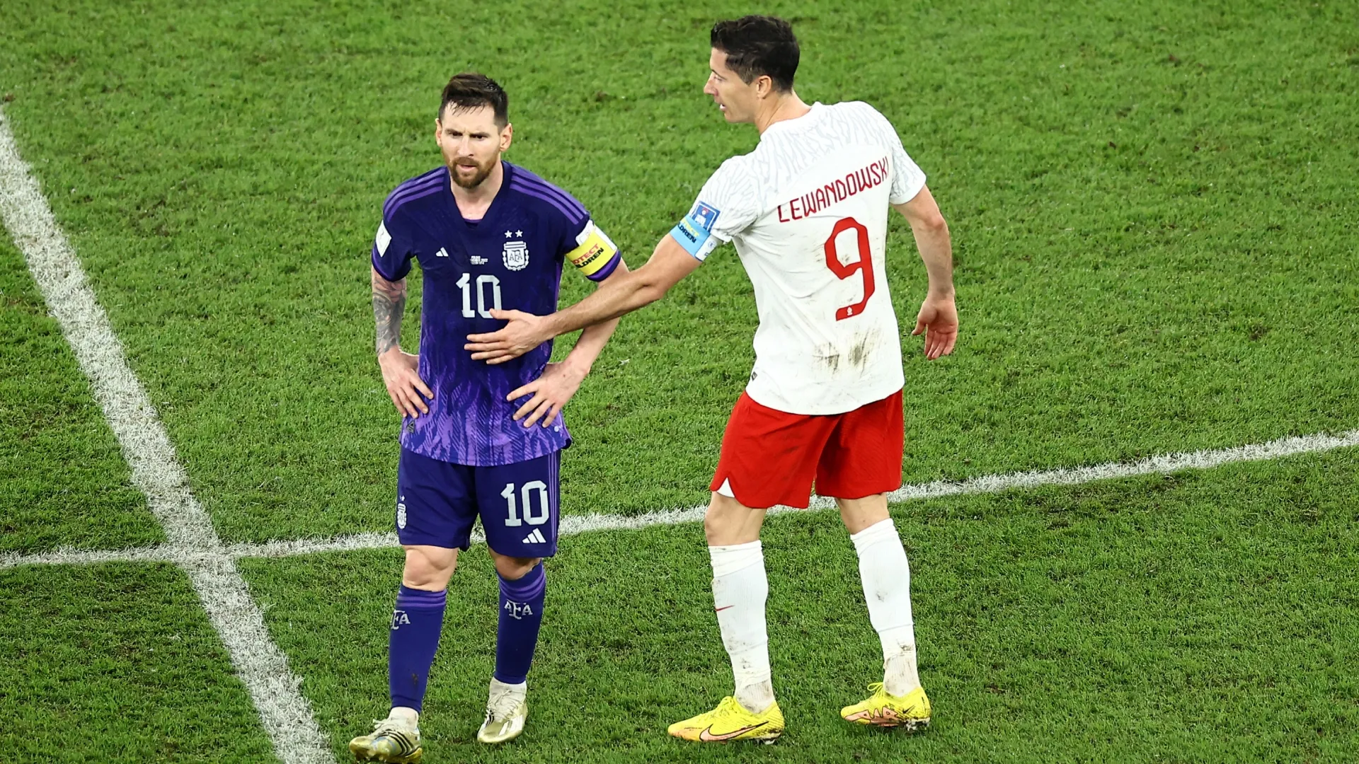 Lionel Messi of Argentina and Robert Lewandowski of Poland during the 2022 World Cup.