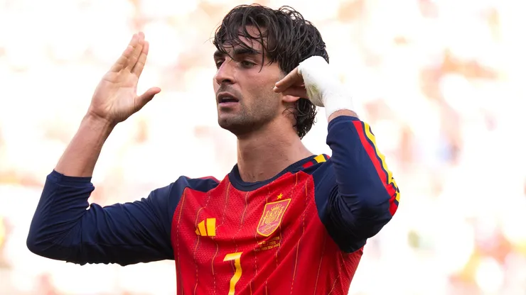 Ferran Torres #7 of Spain celebrates scoring a goal.