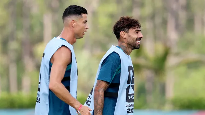 Cristiano Ronaldo #7 and Samu Costa #24 during Portugal's training session.