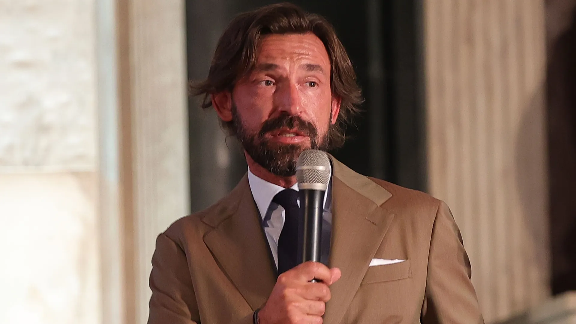 Italian legend and coach Andrea Pirlo is speaking during the FIGC Hall of Fame Event.