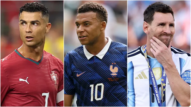 Cristiano Ronaldo of Portugal, Kylian Mbappe #10 of France and Lionel Messi #10 of Argentina.