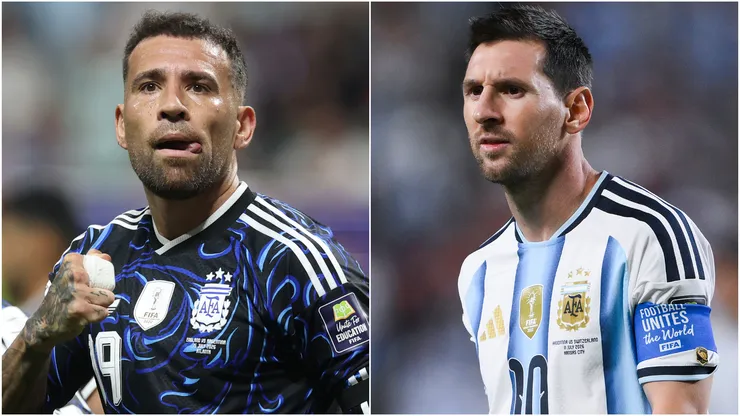 Nicolas Otamendi and Lionel Messi of Argentina.