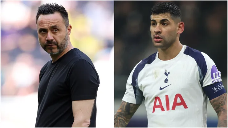 Roberto De Zerbi and Cristian Romero of Tottenham.