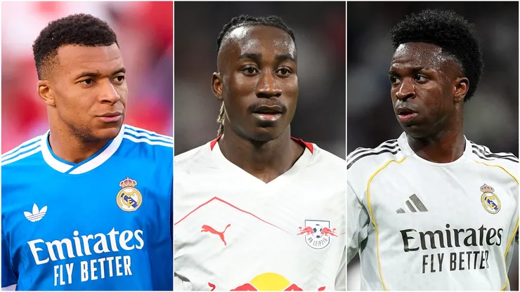 Kylian Mbappe (L) of Real Madrid, Yan Diomande (M) of RB Leipzig, and Vinicius Junior (R) of Real Madrid.