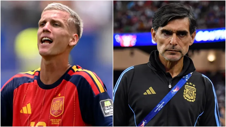 Dani Olmo #10 of Spain and Roberto Ayala Assistant Coach of Argentina.