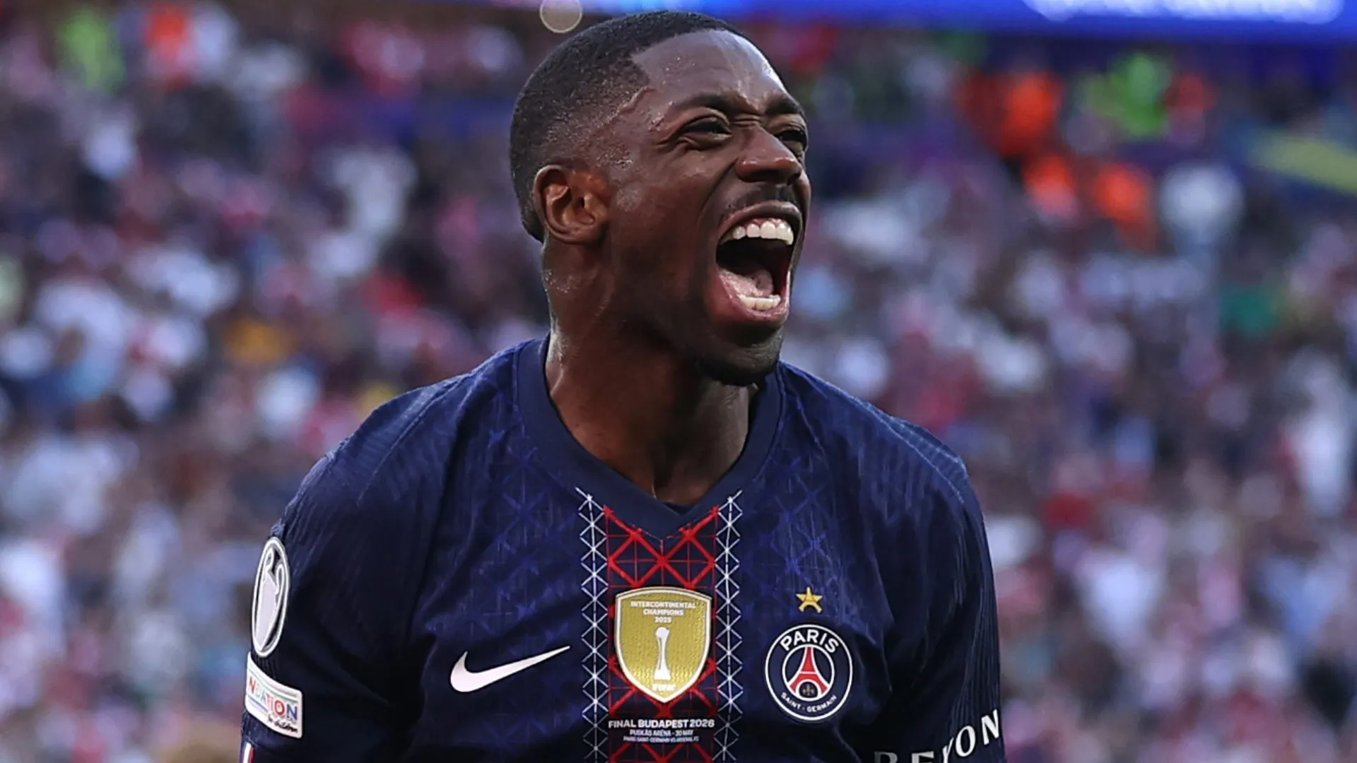 Ousmane Dembele of Paris Saint-Germain celebrates scoring a goal.