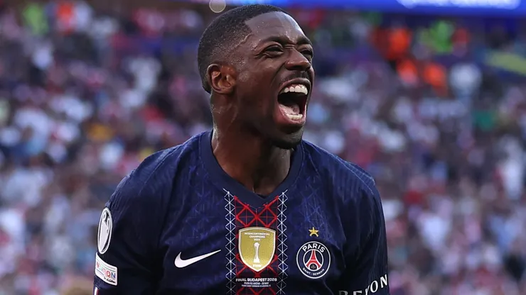 Ousmane Dembele of Paris Saint-Germain celebrates scoring a goal.