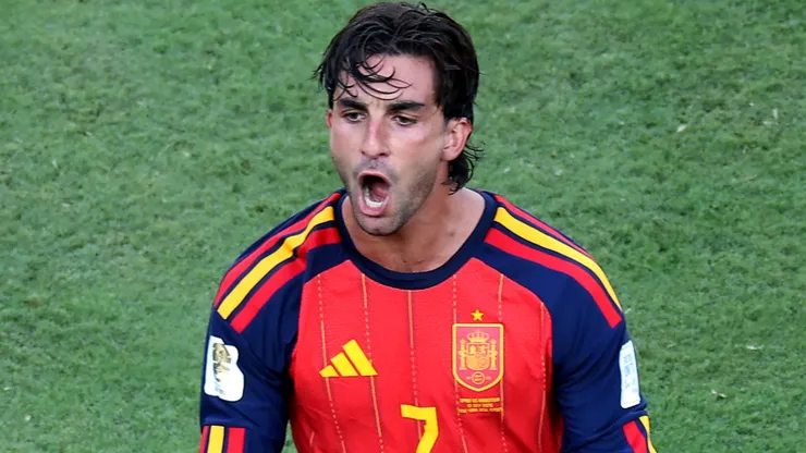 Ferran Torres #7 of Spain celebrates scoring a goal.