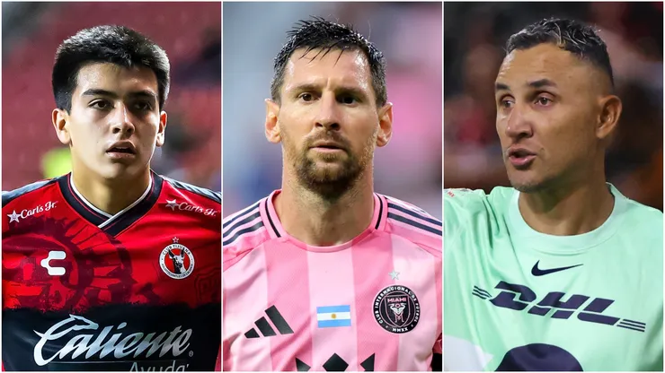 Gilberto Mora of Tijuana, Lionel Messi #10 of Inter Miami CF, and Keylor Navas of Pumas.