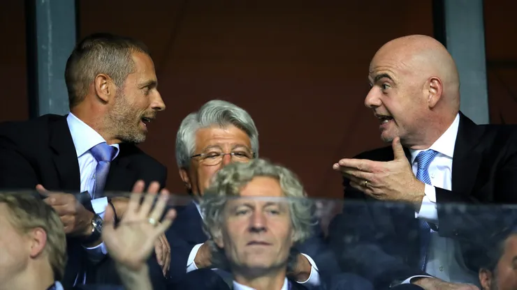 FIFA President, Gianni Infantino in conversation with UEFA President Aleksander Ceferin