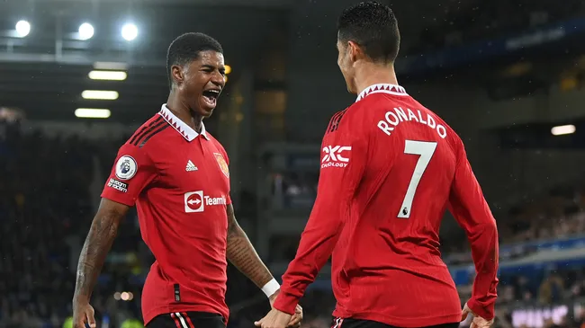 Cristiano Ronaldo celebrates a goal with Marcus Rashford. (Getty Images)