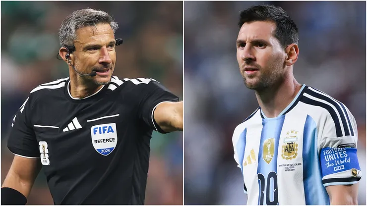 Referee Slavko Vincic (L) and Lionel Messi (R) of Argentina.
