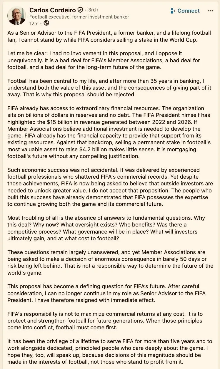 Carlos Cordeiro’s full letter. (LinkedIn)