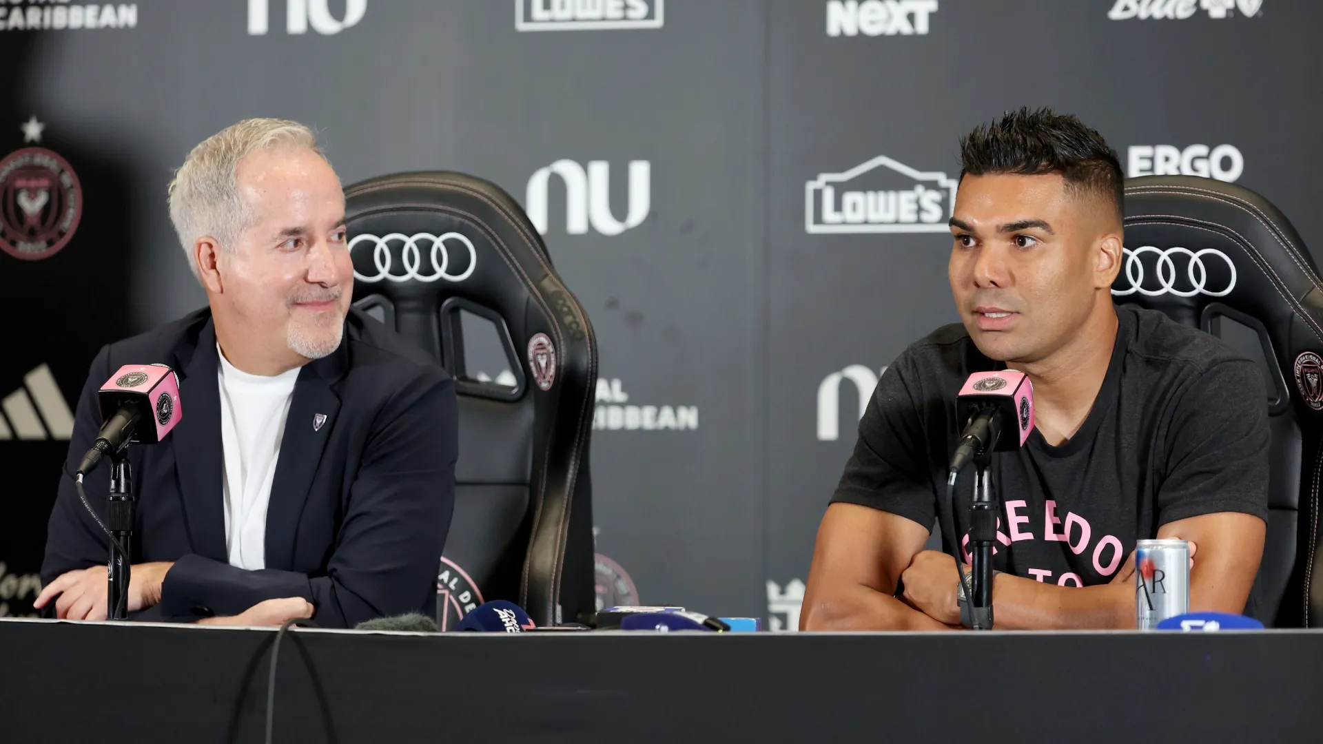 Jorge Mas, managing owner of Inter Miami CF, and Casemiro speak to the media.