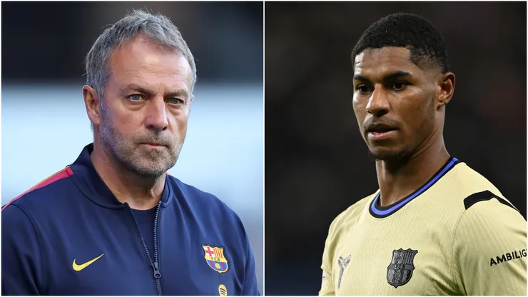 Head coach Hansi Flick and Marcus Rashford of Barcelona.