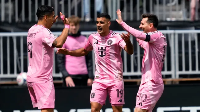 Luis Suarez of Inter Miami CF celebrating with German Berterame and Lionel Messi.