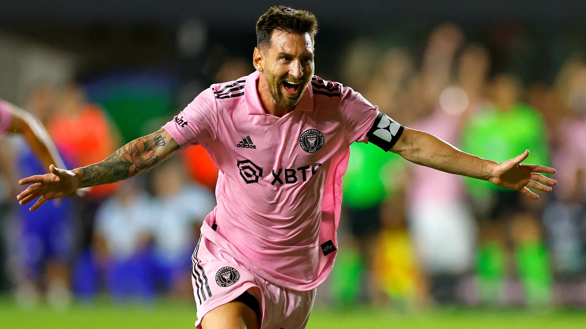 Lionel Messi celebrates a goal at his Inter Miami debut vs Cruz Azul. (Getty Images)