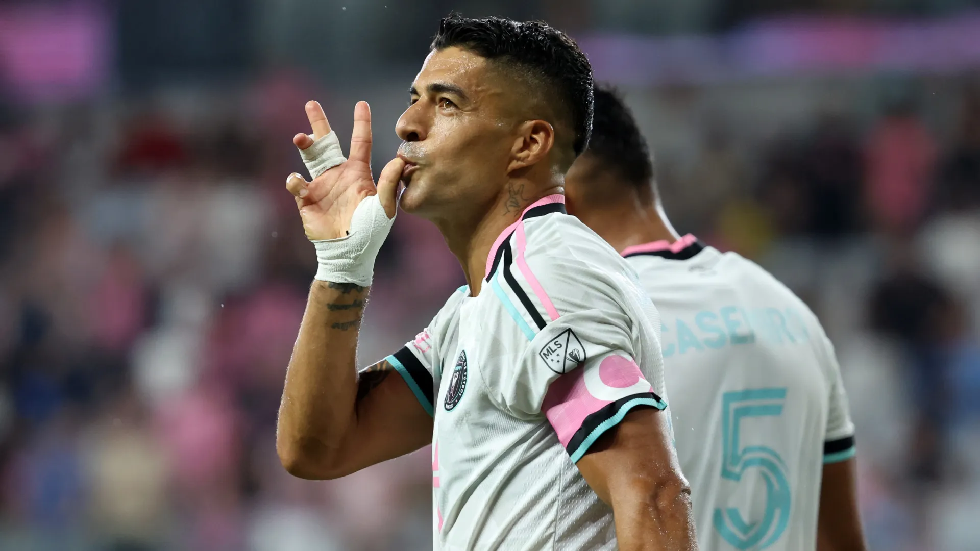 Luis Suarez celebrates a goal for Inter Miami. (Getty Images)