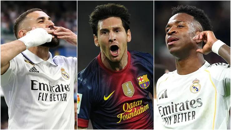 Karim Benzema (left), Lionel Messi (center), and Vinicius (right)