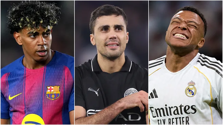 Lamine Yamal (left), Rodri (center), and Kylian Mbappe (right)