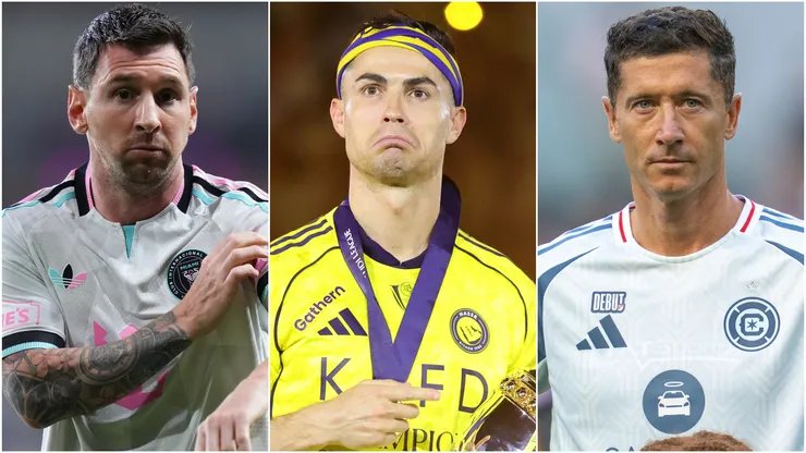 Lionel Messi (left), Cristiano Ronaldo (center), and Robert Lewandowski (right)