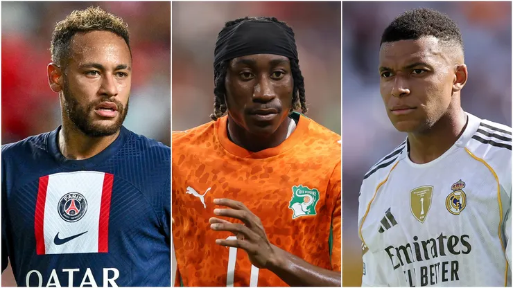 Neymar of Paris Saint-Germain, Yan Diomande #11 of Cote d'Ivoire, and Kylian Mbappe #9 of Real Madrid.