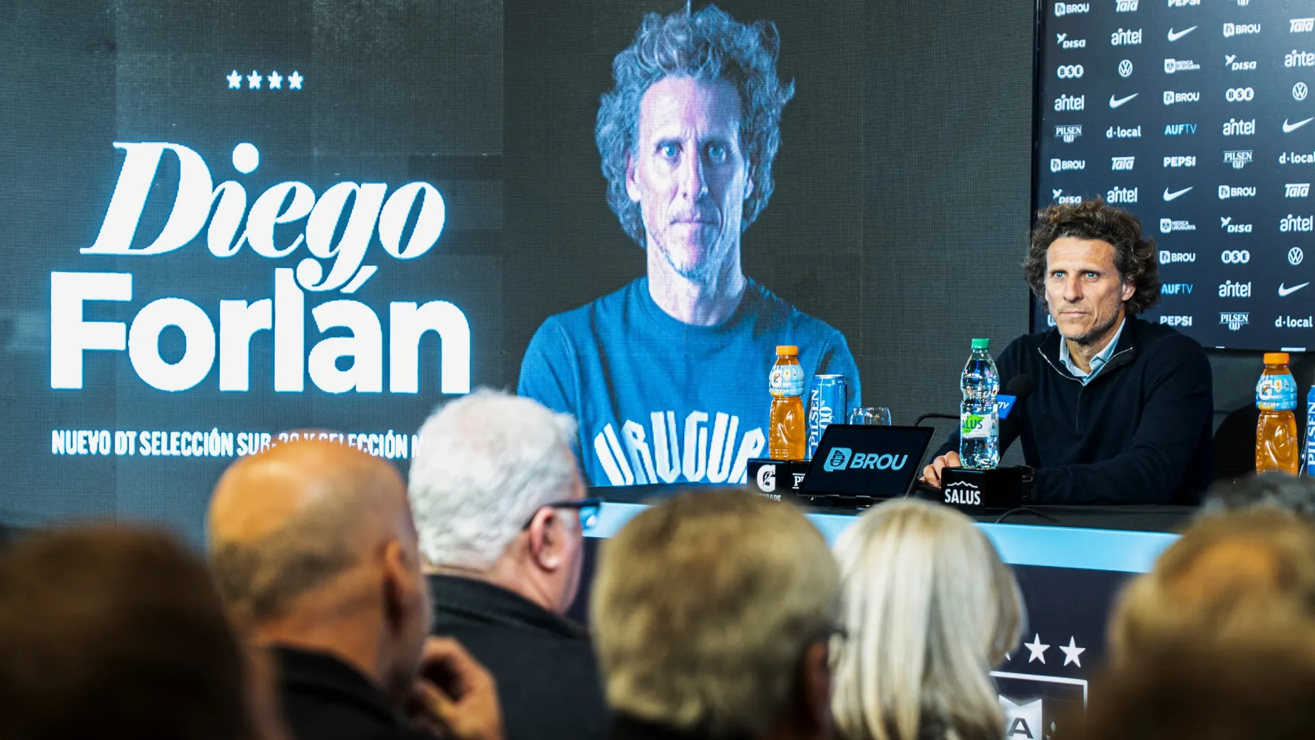 Diego Forlan speaks during his presentation as interim coach of Uruguay.