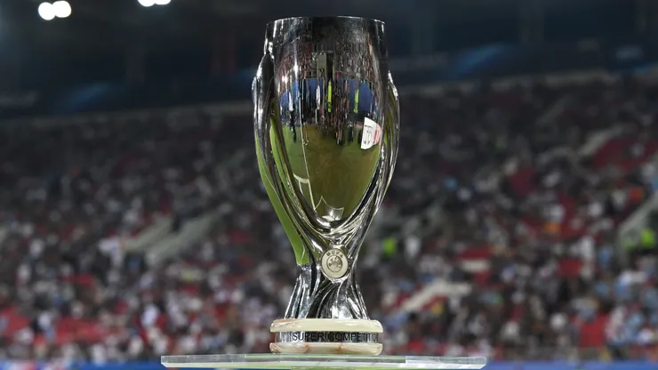 A detailed view of the UEFA Super Cup trophy.