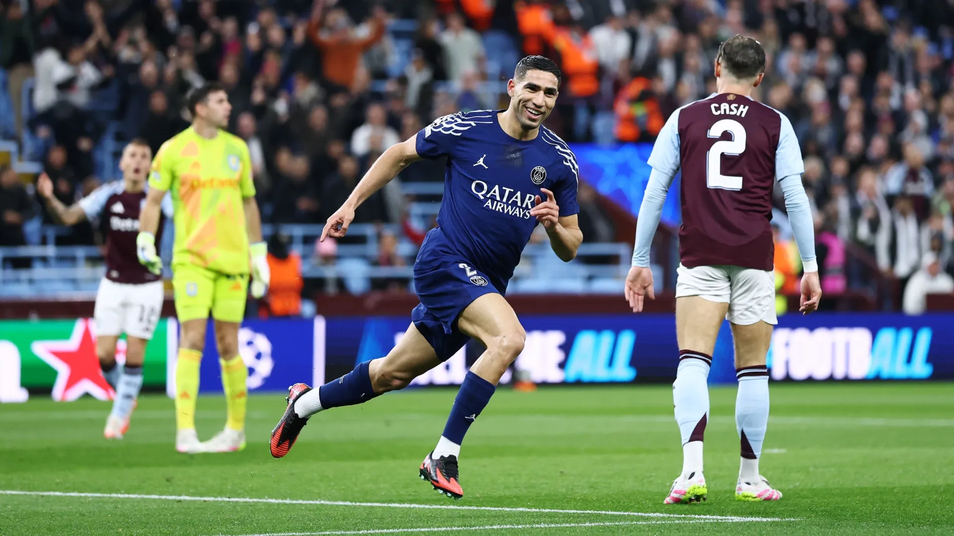 Achraf Hakimi of Paris Saint-Germain celebrates after scoring against Aston Villa.
