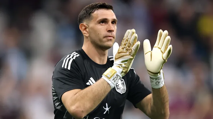 Emiliano Martinez of Aston Villa applauds the fans.