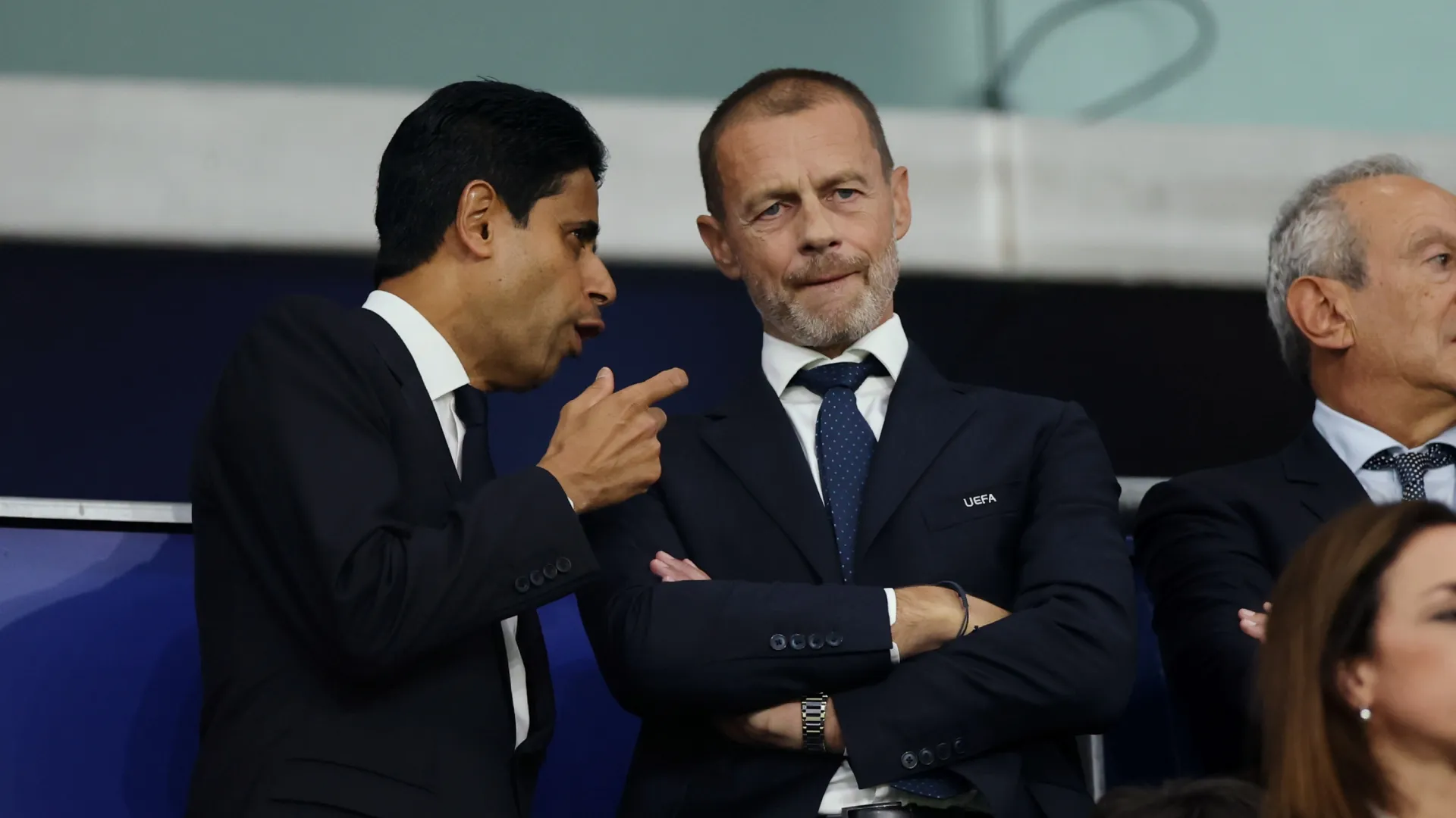 Nasser Al-Khelaifi, President of Paris Saint-Germain and Aleksander Ceferin, UEFA President speak to each other.