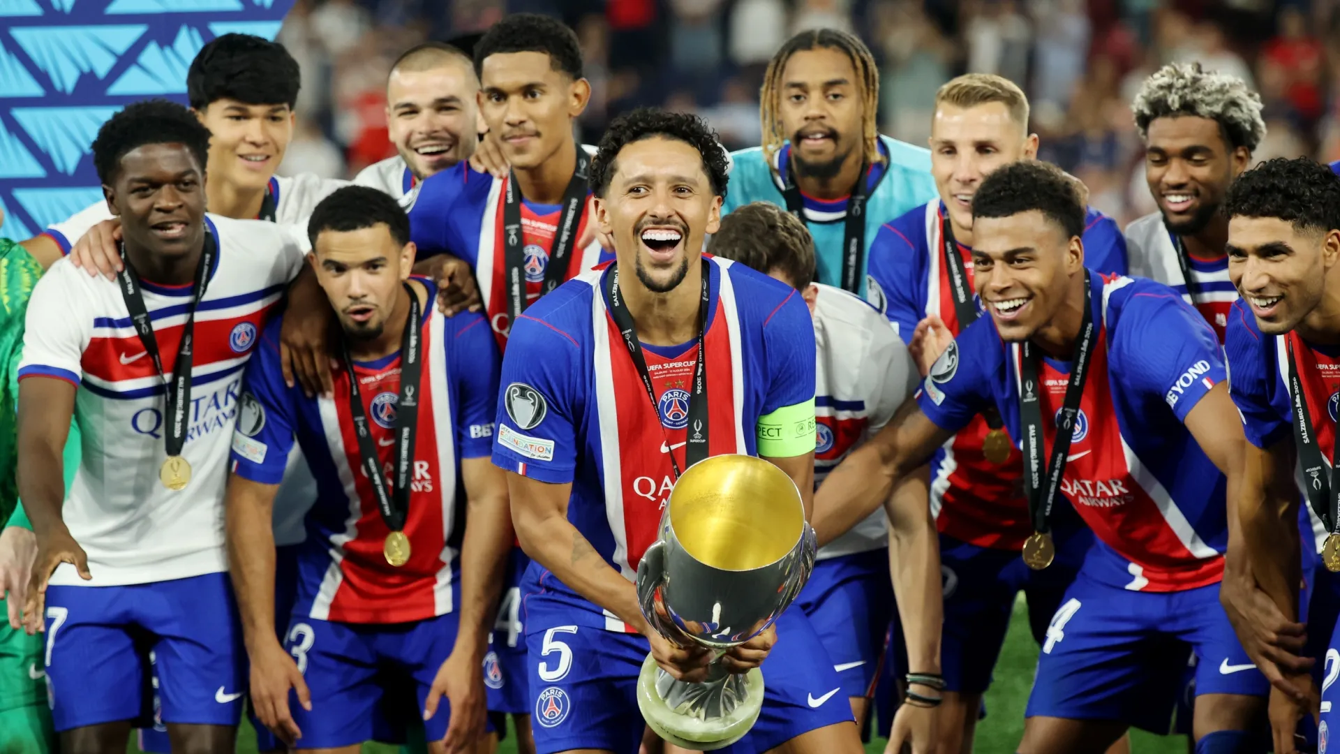 Marquinhos of Paris Saint-Germain lifts the UEFA Super Cup trophy. (Alex Grimm/Getty Images)