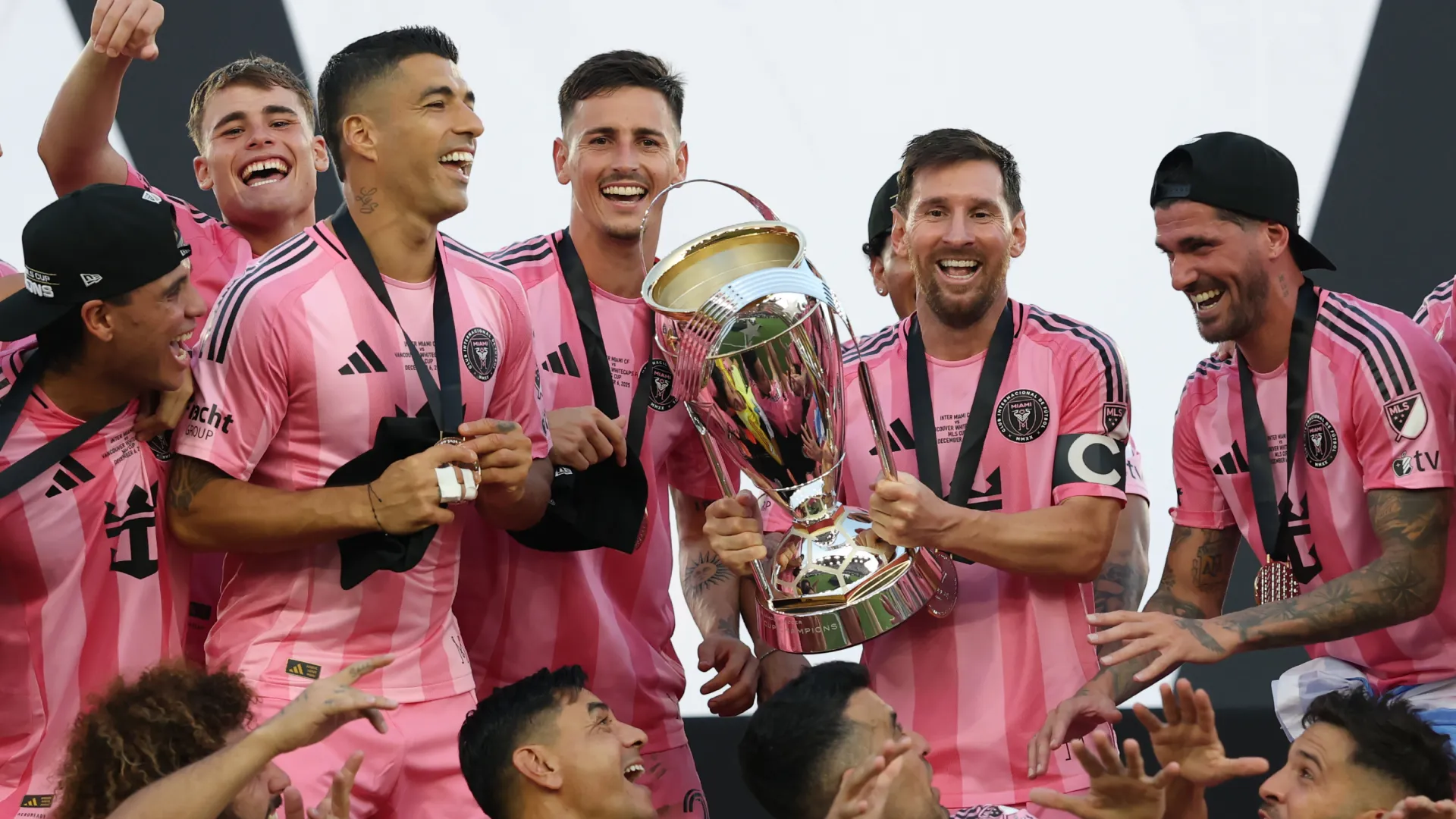 Lionel Messi #10 of Inter Miami CF lifts the MLS Cup champions’ trophy. (Getty Images)