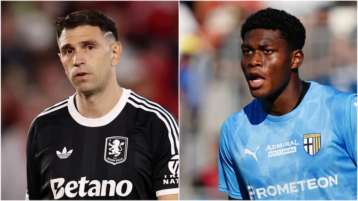 Emiliano Martinez of Aston Villa and Zion Suzuki of Parma.