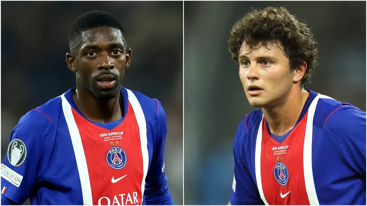 Ousmane Dembélé and Joao Neves of Paris Saint-Germain.