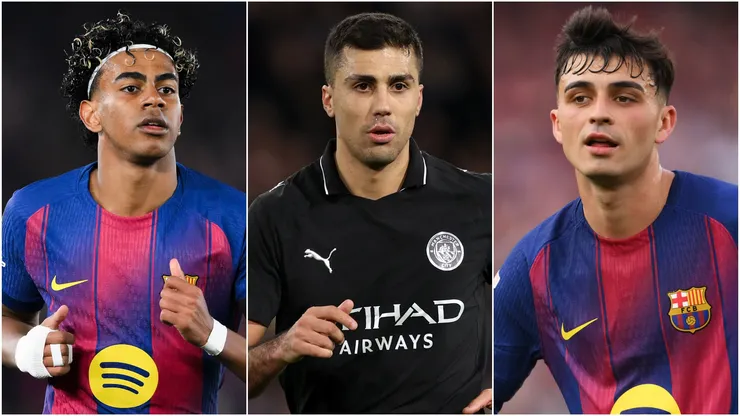 Rodri of Manchester City and Lamine Yamal and Pedri of FC Barcelona.