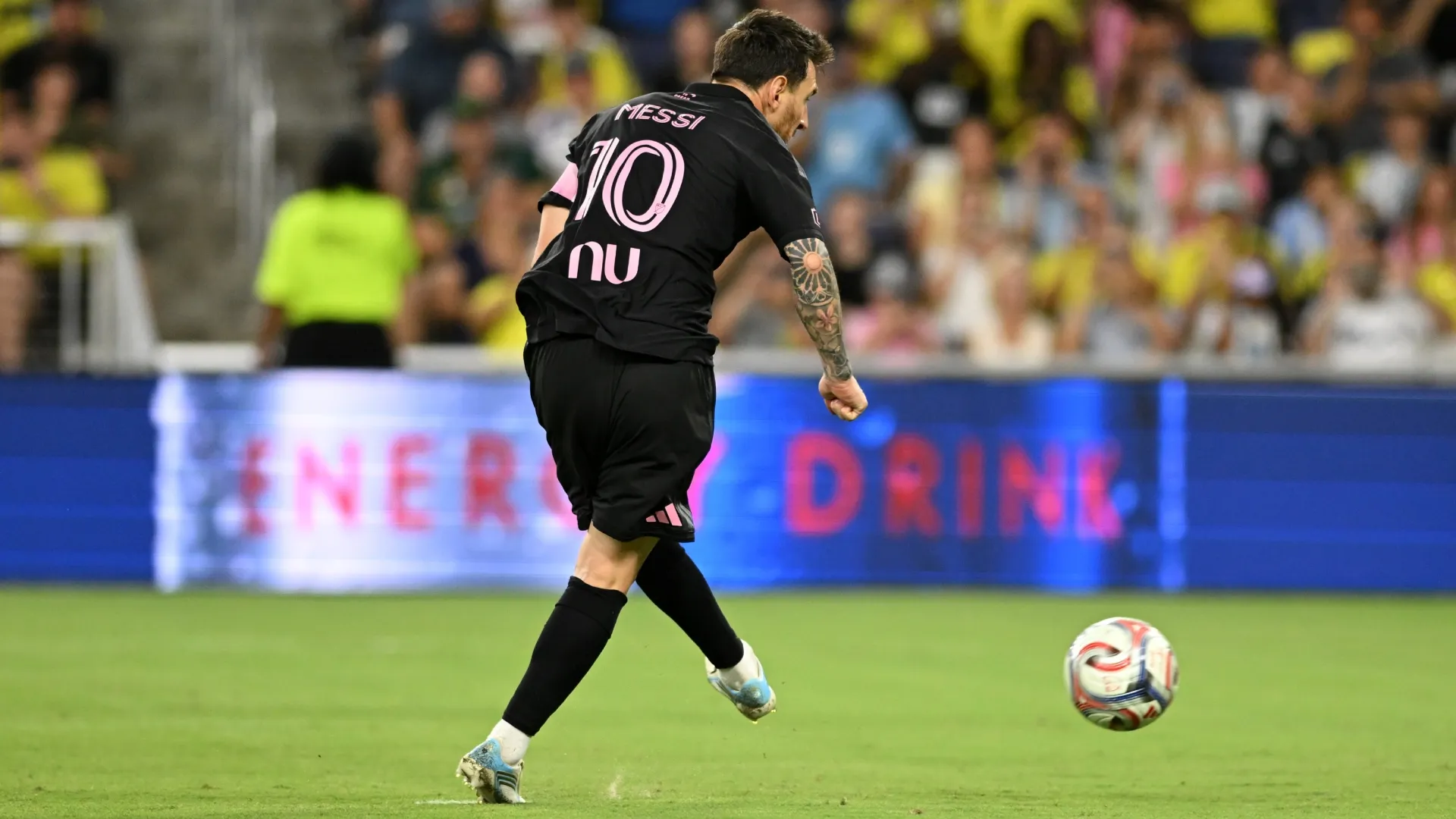 Lionel Messi #10 of Inter Miami CF takes a misses the penalty against Nashville SC.