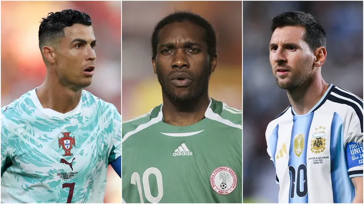 Cristiano Ronaldo #7 of Portugal, Jay Jay Okocha of Nigeria, and Lionel Messi #10 of Argentina.