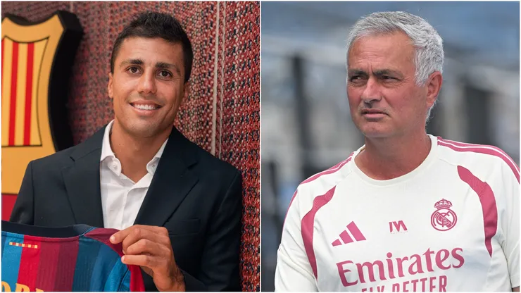 Rodri Hernandez of FC Barcelona and Jose Mourinho, Head Coach of Real Madrid.