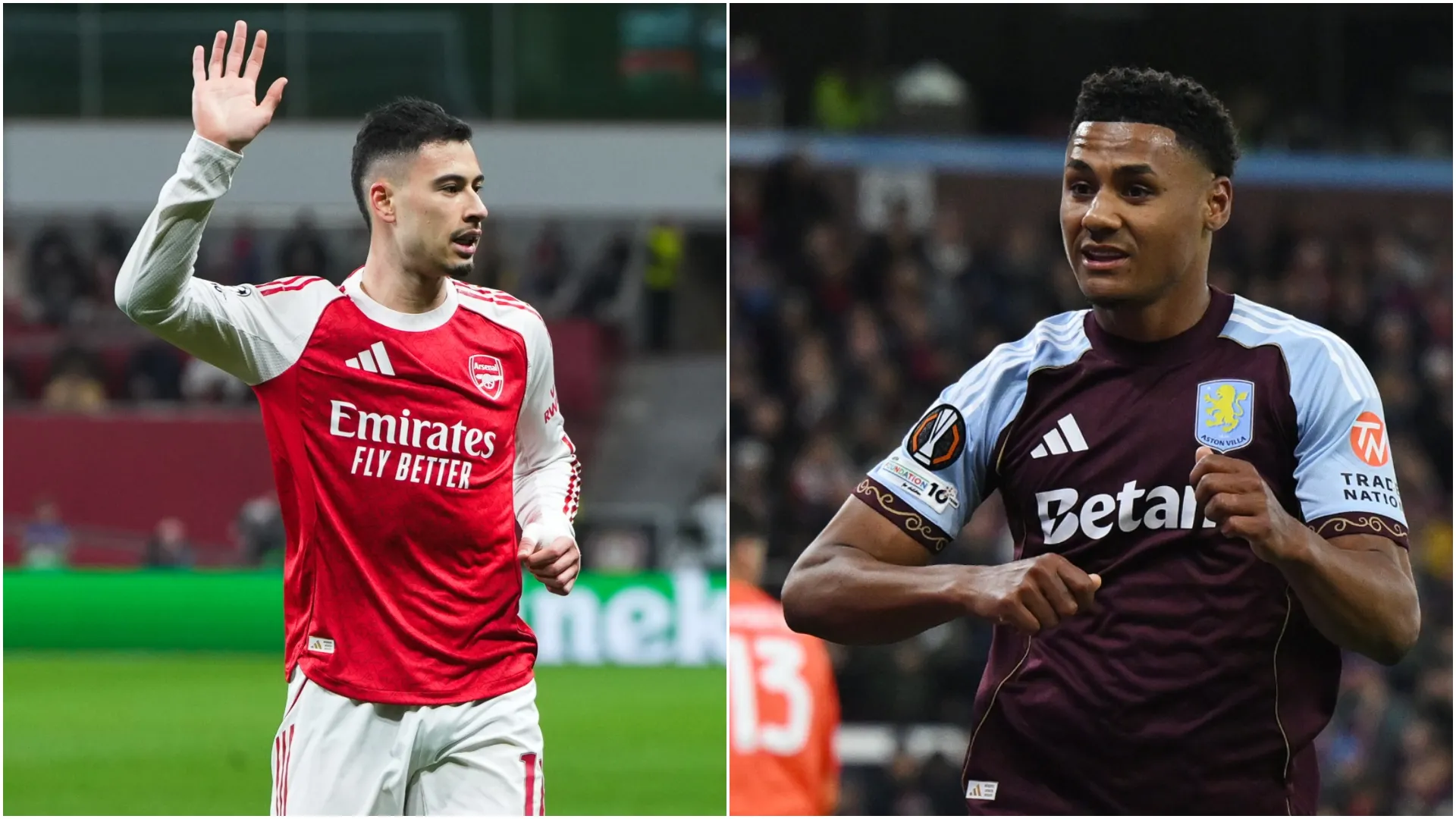 Gabriel Martinelli of Arsenal FC and Ollie Watkins of Aston Villa. (Pau Barrena & Shaun Botterill/Getty Images)