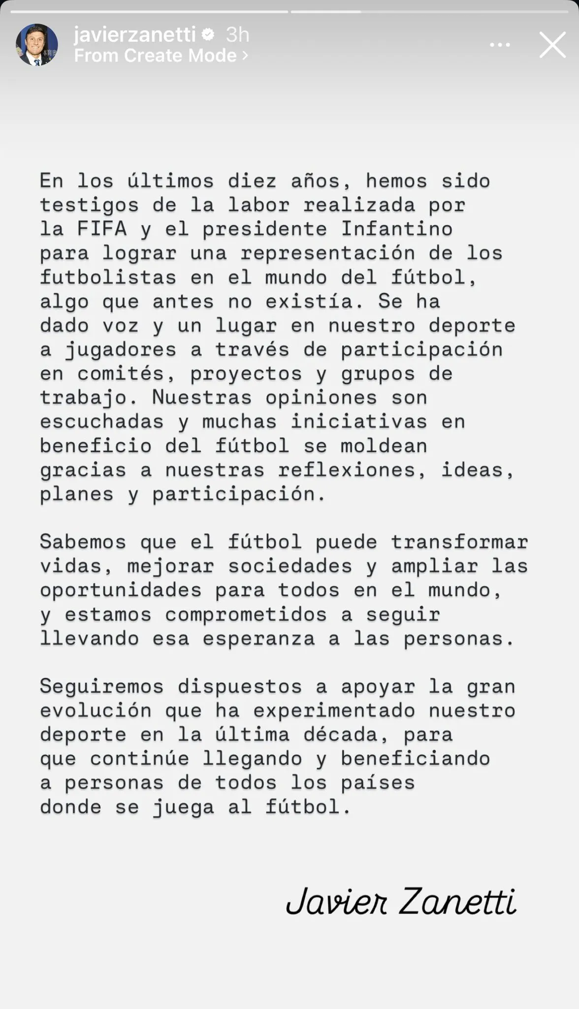 Javier Zanetti's endorsement card to Gianni Infantino.