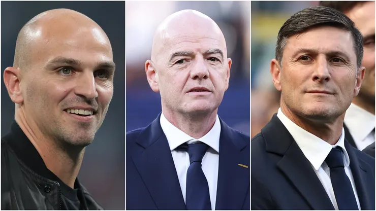 Esteban Cambiasso, FIFA president Gianni Infantino, and Javier Zanetti.