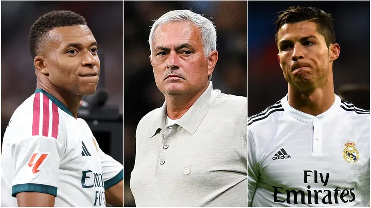 Kylian Mbappe, head coach Jose Mourinho, and Cristiano Ronaldo of Real Madrid.