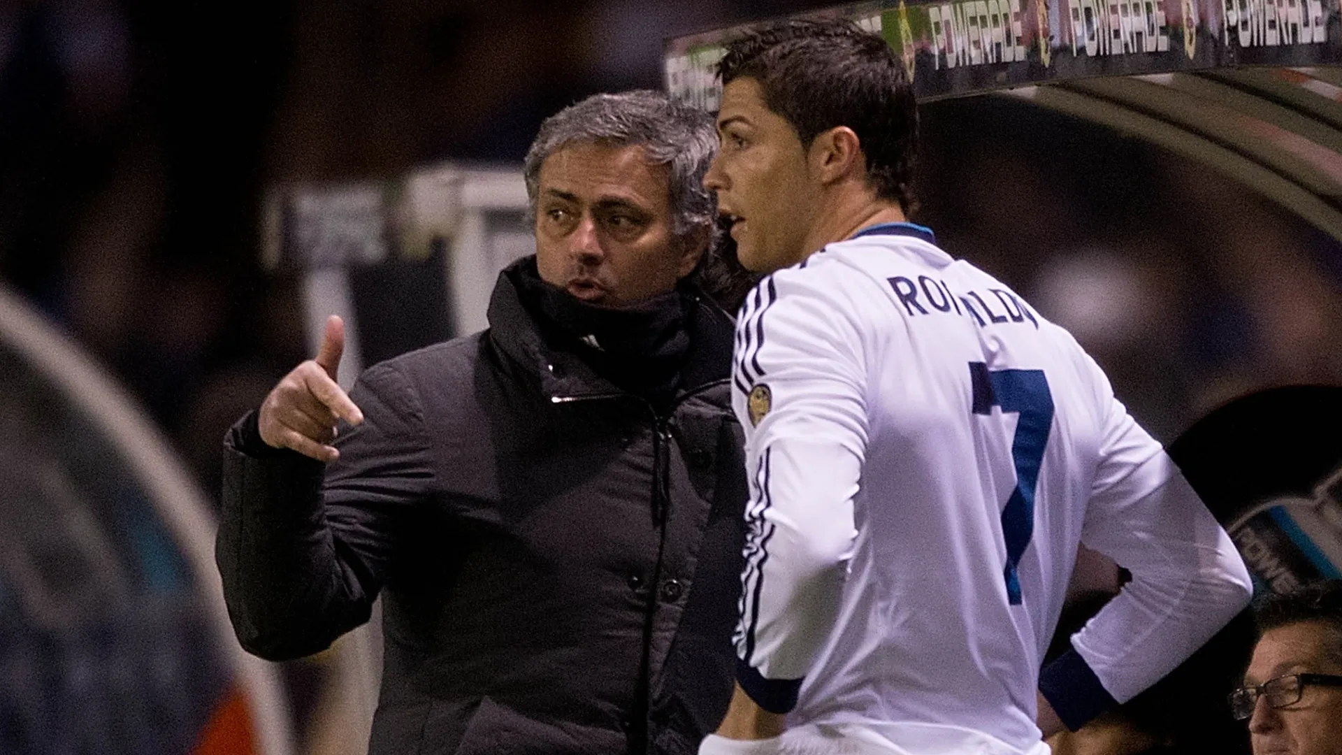 Head coach Jose Mourinho of Real Madrid CF gives instructions to Cristiano Ronaldo.